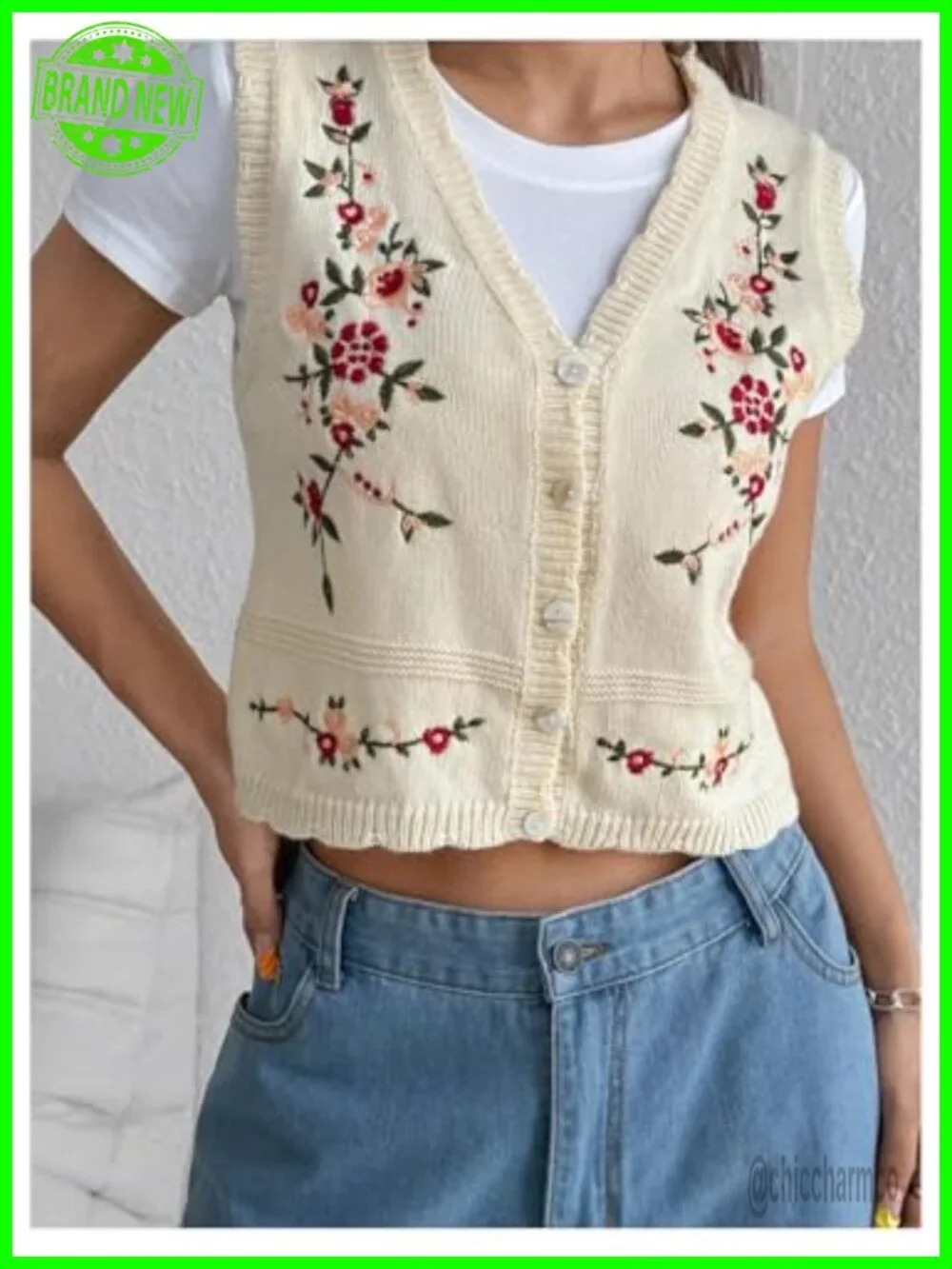 Women's Sleeveless Sweater Vest Floral Embroidered Knit Cardigan